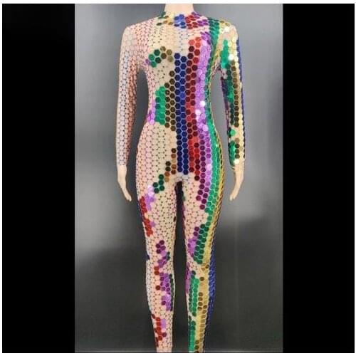 Evening Singer Prom Party event costume Colorful Mirrors Rhinestones Mesh Jumpsuit Womens Birthday Celebrate Outfit
