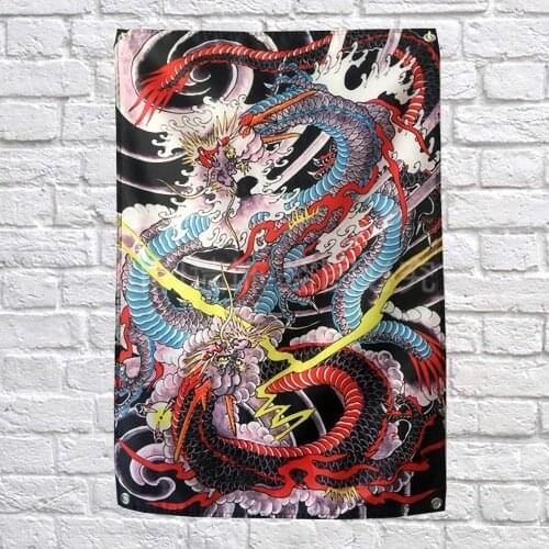 Dragon Japanese ukiyo-e Tattoos Poster Banners Bar Tattoo Studio Decor Hanging Painting Waterproof Cloth Polyester Fabric Flags