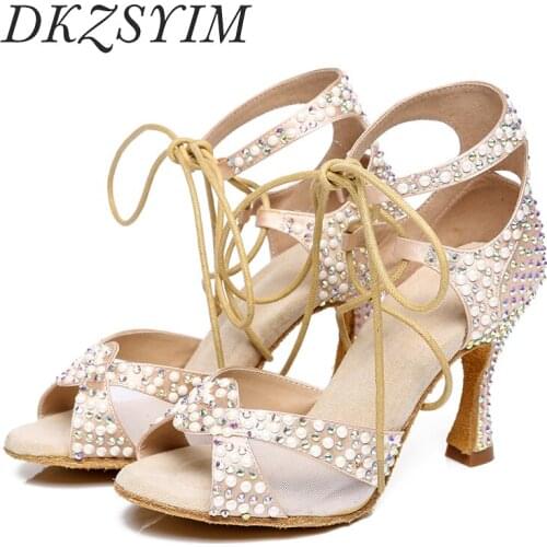 DKZSYIM Latin Dance Shoes Women Satin Rhinestone Ballroom Tango/Salsa Dancing Shoes Lace-UP Soft Soles Dance Sandals High Heels