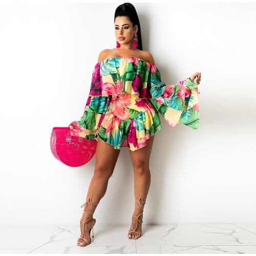 Off The Shoulder Summer Beachwear Short Playsuit Women Slash Neck Full Flare Sleeve Bodysuit Vintage Ruffle Pleated Jumpsuits