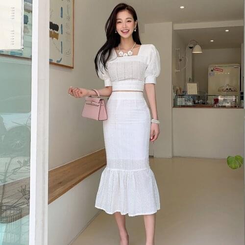 2021 New Chic Two Pieces Set Women Summer Puff Short Sleeves Tops + High Waist Mermaid Skirts White Embroidery Office Lady Suit
