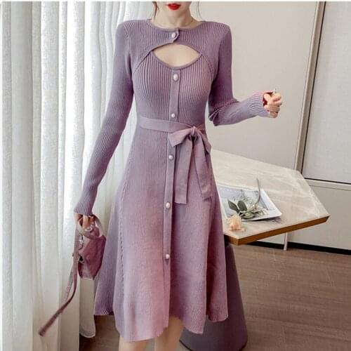 Runway Design Hollow Out Knitted Dress Womens Pearl Buckle Sashes Big Swing Sweater Long-Sleeved Midi Dress Autumn Lady Clothes