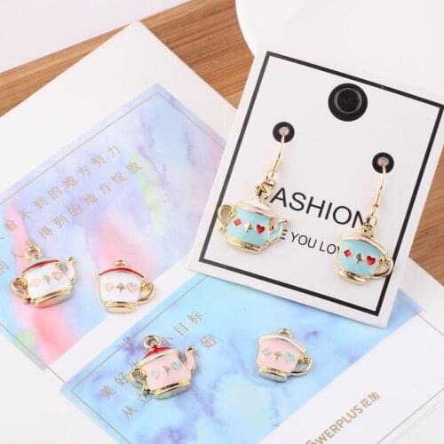 10pcs Alloy Drip Oil Teapot Teacup Enamel Charms Gold Tone Lamp Tea Set Pendants Finding DIY Bracelet Jewelry Accessory YZ428