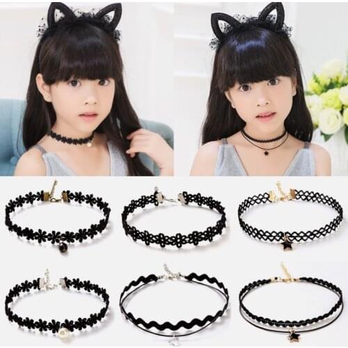 5PCS/lot Fashion Pretty Girls Black Multi Layer Lace Chains Necklace Kids Exquisite Gothic Choker Jewelry Children Necklaces