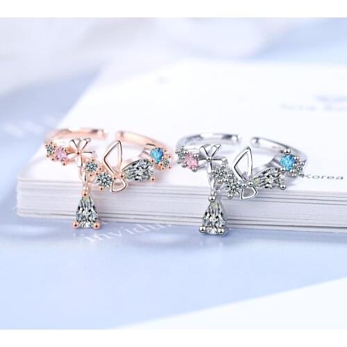 925 Sterling Silver New Woman Fashion Jewelry High Quality Crystal Zircon Bowknot Flower Ring Open Size Adjustable Ring