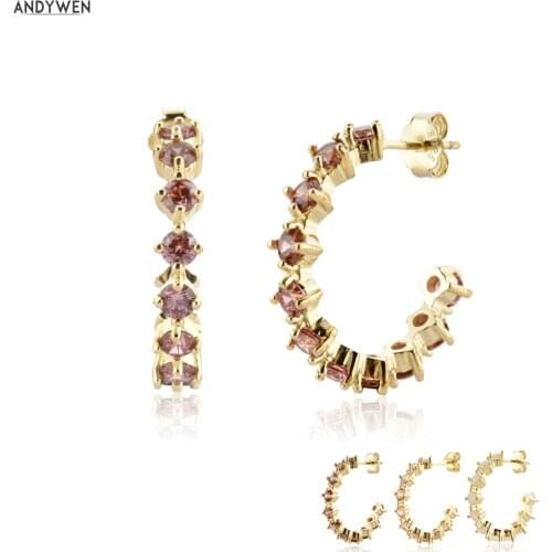 ANDYWEN 925 Sterling Silver Gold 15MM Rihodolite Circle Piercing Hoops Earring Rock Punk Luxury Round Jewelry Wedding Gift