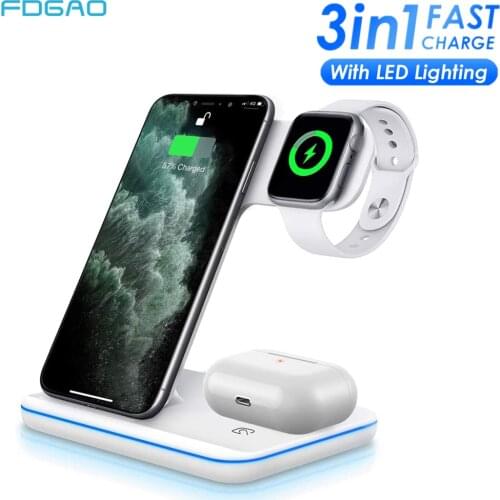FDGAO 3 in 1 Qi Wireless Charger Dock Station 15W Fast Charging Stand For iPhone 12 11 XR XS X 8 Apple Watch 6 5 4 3 AirPods Pro