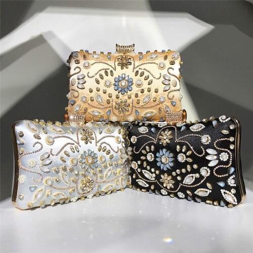 Flower Diamonds Women Party Handbags Metal Embroidery Vintage Day Clutches Acrylic Holder Rhinestones Purse