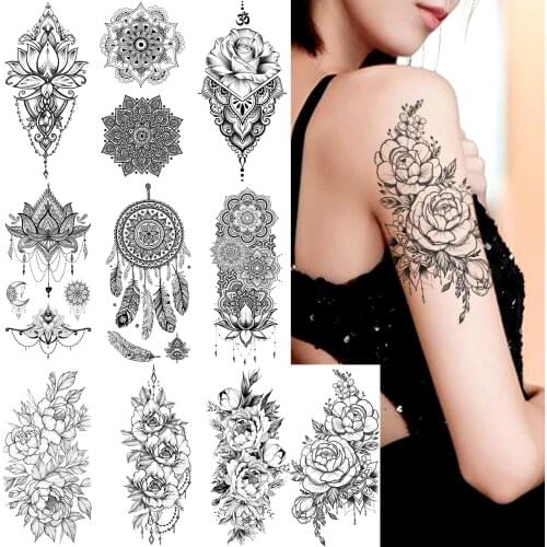 Black Lace Henna Temporary Tattoo Sticker For Women Mandala Pendants Fake Jewelry Tattoos Mehndi Body Art Arm Hand Tatoos Makeup