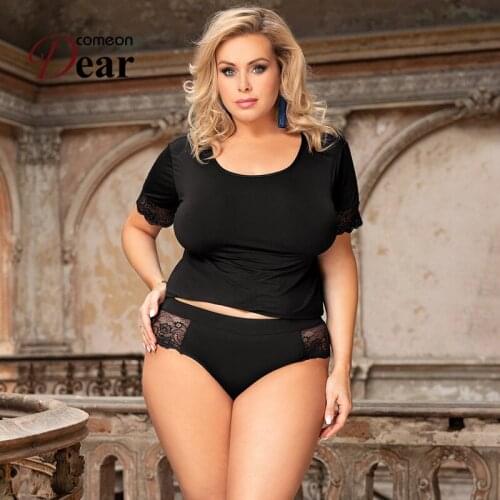 Comeondear Fashion Women Sleepwear 2Pcs Sexy Lace Cotton Pajama Sets Plus Size Shorts Casual Gown Sets Womens Sleep Set RA80867