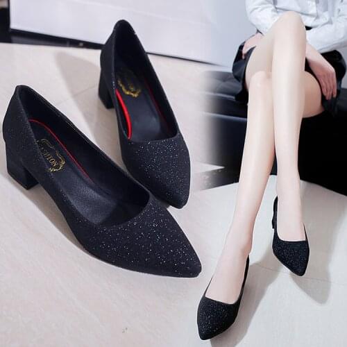 Pointed Sequins High Heels Korean Fashion Thick with Single Shoes Temperament Elegant Womens Shoes Concise Comfort Work Shoes