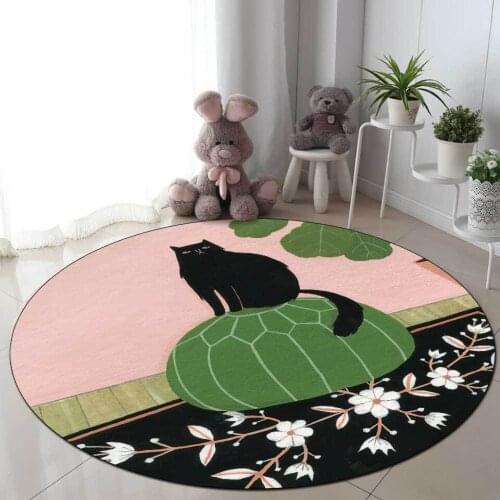 Living Room Carpet Round Nordic Gray Pink Floor Mat Plant Black Cat Pattern Area Rug For Girl Room Home Bedroom Bedside Mat
