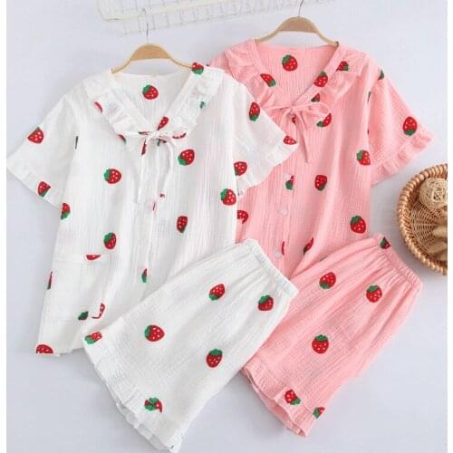 Summer New Cute Strawberry Print Sleepwear Ladies Cotton 2PCS Pajama Sets Sweet Ruffles Nightwear Short Sleeve Loose Home Wear