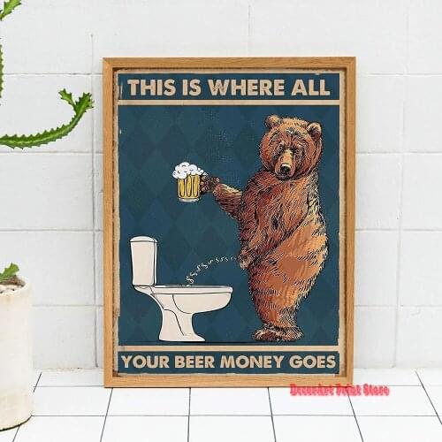 Grumpy Bear Drinking Beer To The Bathroom Poster Abstract Animal Canvas Print Painting Wall Art Picture For Room Home Wall Decor