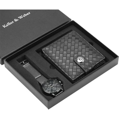 Keller & Weber Quartz Men Watch Wallet Sets Birthday Gifts Male Stainless Steel Wristwatch Fashion Leather Purse Present Set
