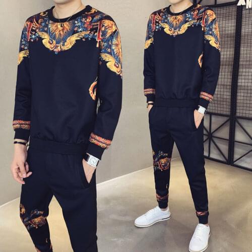 2020 Autumn New Men Set Fashionable Mens Printed Round Neck Sweater Casual Suit Two-piece Suit + Trousers Ropa Hombre