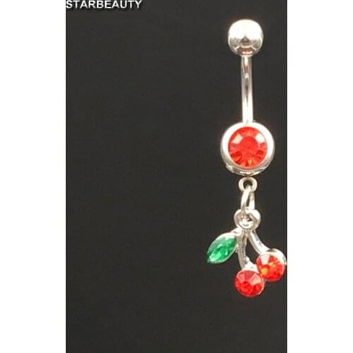 14G Navel Piercing Ombligo Green Leaf Cherry Navel Ring Gauge Belly Button Rings Industrial Piercing Nombril Pircing
