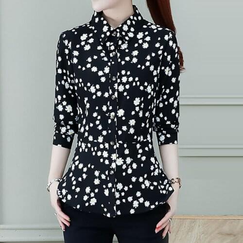 Black White Flower Shirts Print Turn Down Collar Button Up Blouse Women Tops Spring Long Sleeve Shirt Office Top Blusa Mujer