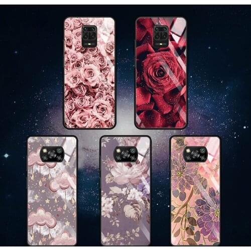 Glass Case for Xiaomi Redmi Note 9S 10 8 Pro 9 9C 9T Poco X3 NFC 11 10T Lite 5G Movil Luxury Smartphone Cover Red Rose Flowers
