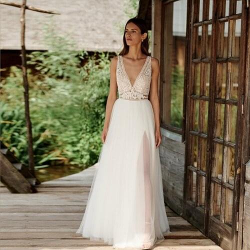V Neck Sleeveless Wedding Dresses Boho A Line Lace Tulle Bridal Gown Custom Made with Front Split свадебное платье 2021