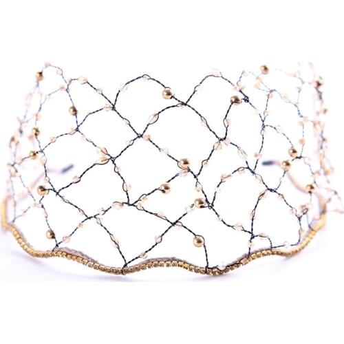 Unique Baroque Vintage Crystal Pearls Bridal Headbands Mesh Net Tiara Crown Headpiece Forehead Wedding Hair Jewelry Accessories