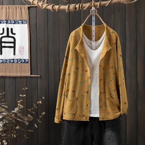 Knitted Cardigan Women New Autumn Sweater Thin New Loose Plus-sized Outdoor Long-Sleeved Floral Print Pockets Fashion Coat s1129