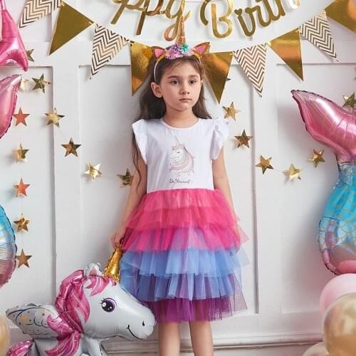 Girls Rainbow Cotton Casual Dresses for Girl Summer Cake layer Birthday Party Tutu Dress Children Unicorn Short Sleeve Dress