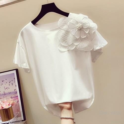 Three-Dimensional Flower Beaded Cotton Short-Sleeved T-shirt for Women 2021 Spring and Summer New Korean Style White Tees