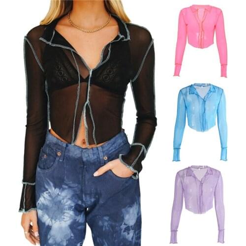 Female Shirt Summer Solid Color Turn-Down Collar Long Sleeve Tops See-Through Blouse for Women, S/M/L