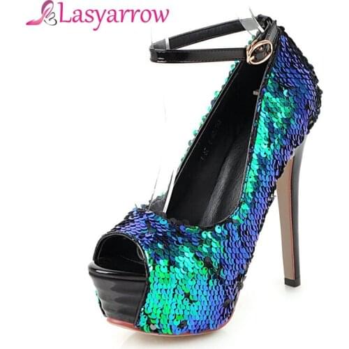 Lasyarrow Sexy Fashion Platform Pumps Women Ultra High Stiletto Heels 13.5CM Shoes Peep Toe Glitters Sequins Party Wedding Shoe