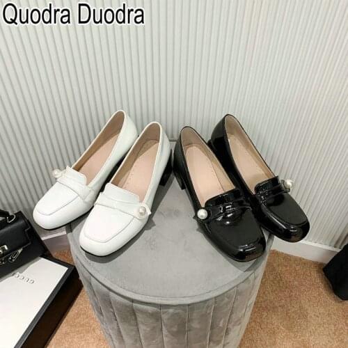 New shoes Women Pumps Spring Autumn fashion thick high heels Sqaure Toe Plus Size 33-46 solid Casual slip-on lady Pearl chunky