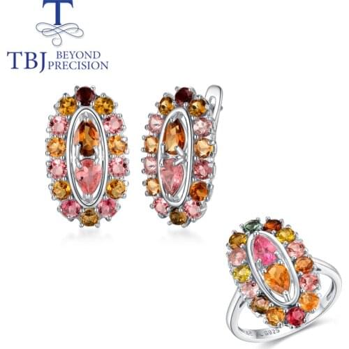 TBJ,925 sterling silver 6.8ct tourmaline jewelry set natural Brazil colorful gemstone clasp earring ring for women