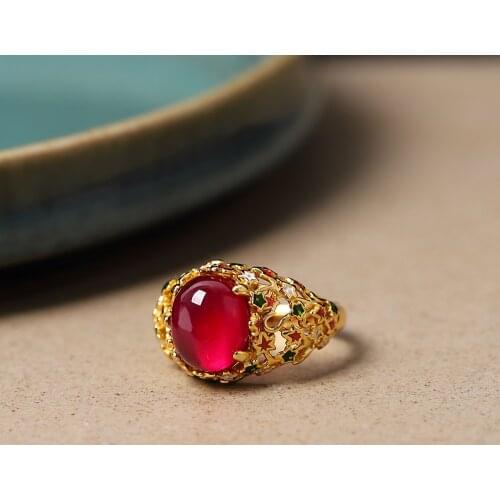 Luxury Female Natural Red Jade Ring Sterling Silver Gold Engagement Rings For Women Vintage Unique Wedding Ring