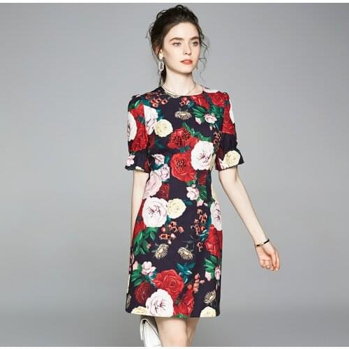 High Quality S-XXL Fashion Sequined Beading Floral Runway Dress Women Puff Sleeve Peony Flower Print Summer Party Dress k6579