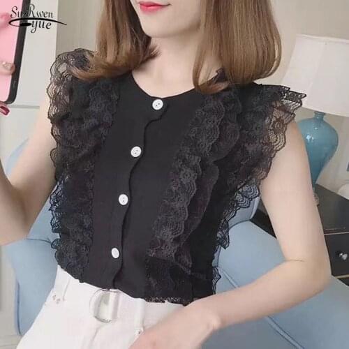 2021 Summer Thin Knitted Shirt Button Tops Women Blouse Camisas De Mujer Lace Patchwork Sleeveless Womens Shirt Clothes 15197