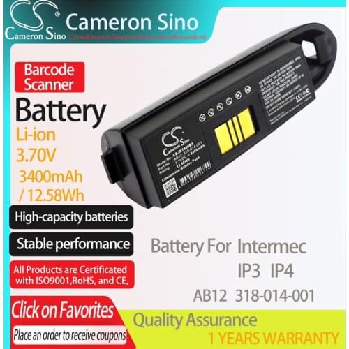 CameronSino Battery for Intermec IP3 IP4 fits Intermec 318-014-001 AB12 Barcode Scanner battery 3400mAh/12.58Wh 3.70V Li-ion