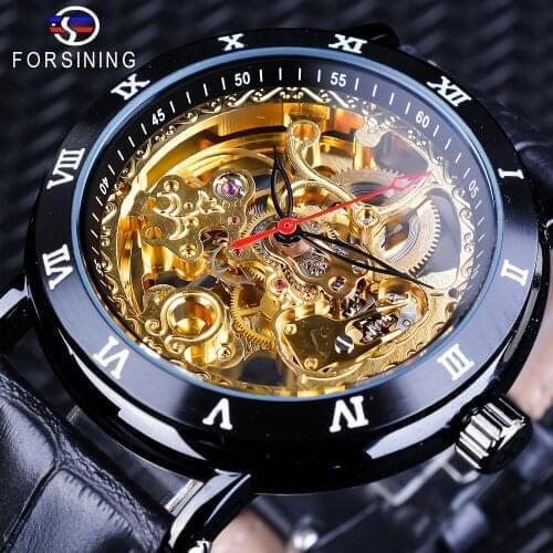 Forsining Fashion Classic Black Golden Wristwatch Genuine Leather Waterproof Mens Mechanical Automatic Watches Top Brand Luxury