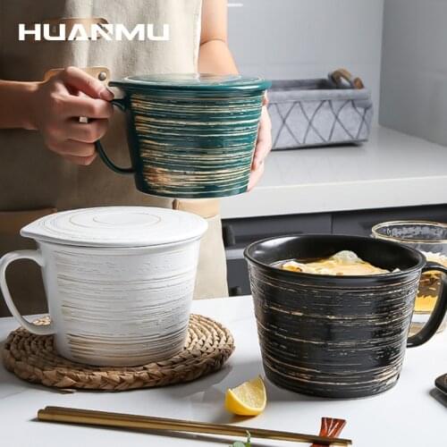 Ceramic Breakfast Cup Tableware Home Restaurant Instant Noodle Cup with Lid Coffee Cup Milk Oatmeal Yogurt Mug friends Gift