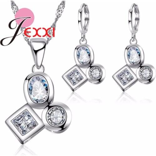 Unique Round Square Crystal CZ Hoop Earrings Wedding Jewelry Sets For Women 925 Sterling Silver Necklace Chain Party Gifts