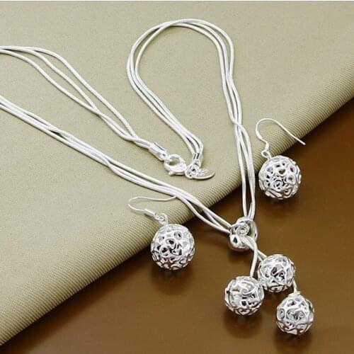 Trendy 925 Sterling Silver Jewelry Set Simple Fashion Ball Pendant Snake Chain Necklace Earring Set Wedding Party Gift