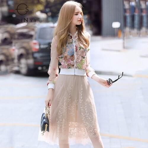 SEQINYY Net Yarn Two-Piece Suit 2018 Early Autumn Fashion 3D Embroidery Flowers High Street Slim Jacket+Elastic Color Skirt Suit