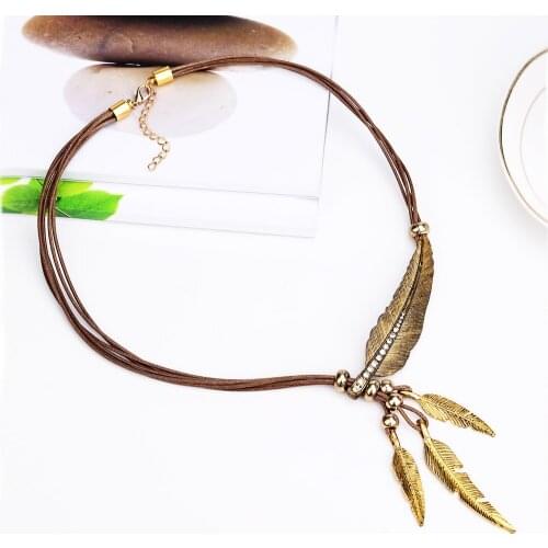 Summer Casual Vintage Rope Necklace Alloy Feather Statement Necklaces Pendants Women Accessories Jewelry Dropshipping