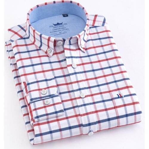 Mens Casual Thick Oxford Cotton Plaid Striped Shirts Single Patch Pocket Long Sleeve Standard-fit Button-down Checkered Shirt