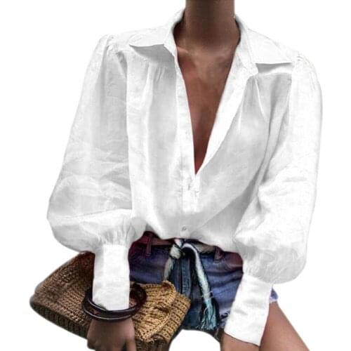 New Office Lady Long Puff Sleeve Turn Down Collar Button Shirt Loose Blouse Top