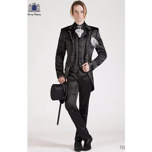 New Arrival Groomsmen Peak Lapel Groom Tuxedos Embroidery Men Suits Black Wedding/Prom Best Man Blazer (Jacket+Pants+Vest) C206