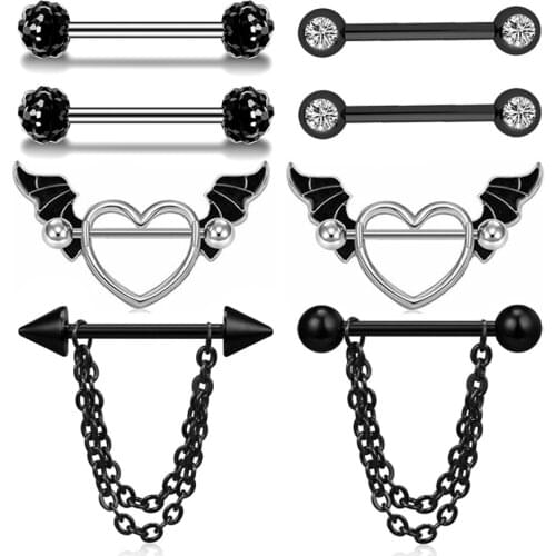 2PCS Stainless Steel Angel Wing Nipple Piercing 14G Heart Nipple Rings Body Piercing Jewelry Charm Black Nipple Piercing Jewelry