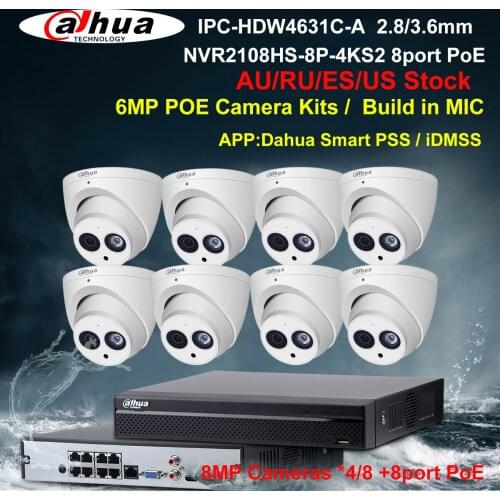 Dahua Security Camera System 6MP PoE CCTV Kit IPC-HDW4631C-A NVR2108HS-8P-4KS2 8CH NVR Recorder 4/8pcs IP Camera Build in Mic