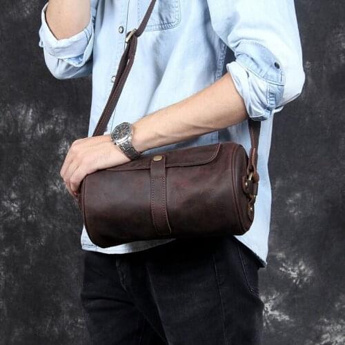 Retro casual genuine leather shoulder messenger bag crazy horse cowhide daily simple fashion bucket bag dark brown cylinder baga