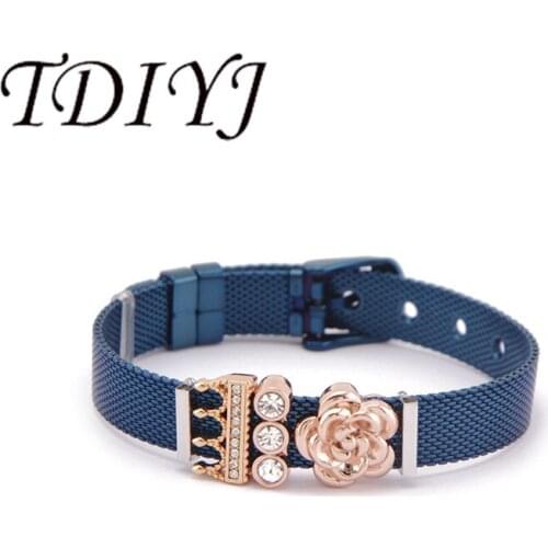 TDIYJ Flower Crystal Princess Queen Crown Charms DIY Stainless Steel Mesh Blue Bracelet Girl Friend Women Men Gift 1Set