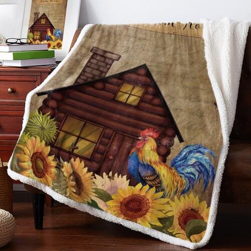 Farm Sunflower Rooster Vintage Throw Blanket Soft Fleece Blankets Winter Blanket Portable Picnic Blankets Bedclothes